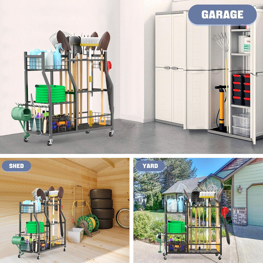WALMANN Garden Tool Organizer with Wheels, Rakes/Shovels/Yard Tools Stand