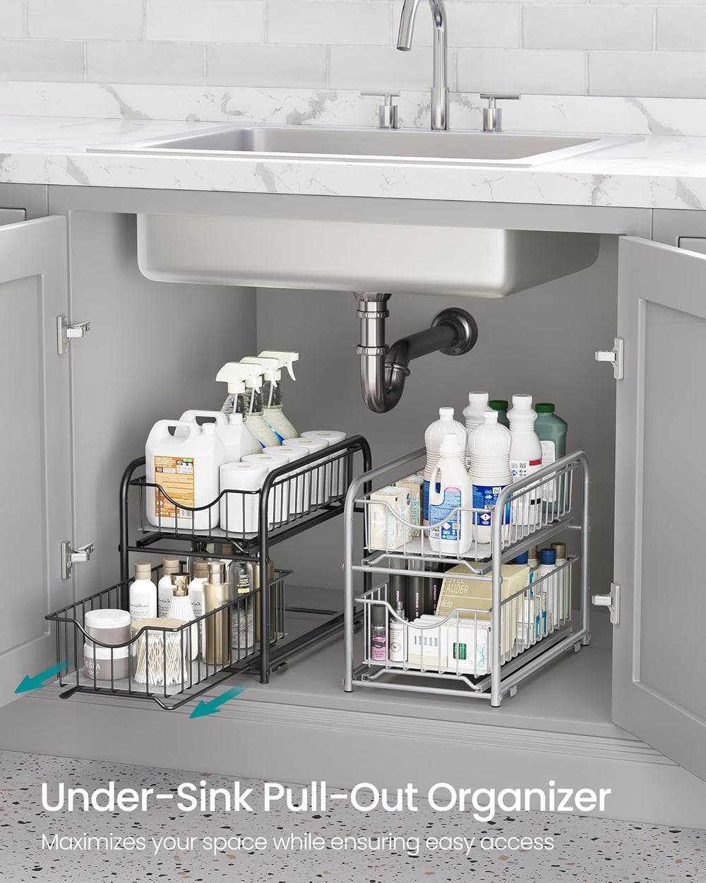 SONGMICS 2-Tier Under Sink Pull Out Organizer, Kitchen Bathroom Spice Rack