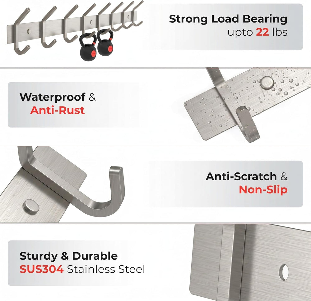 Coat Rack Wall Mount – Brushed Nickel 24 Inch Stainless Steel Hook Rail with ...