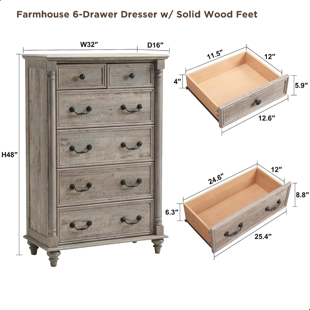 T4TREAM Farmhouse 6-Drawer Dresser with Solid Wood Feet, Light Rustic Oak