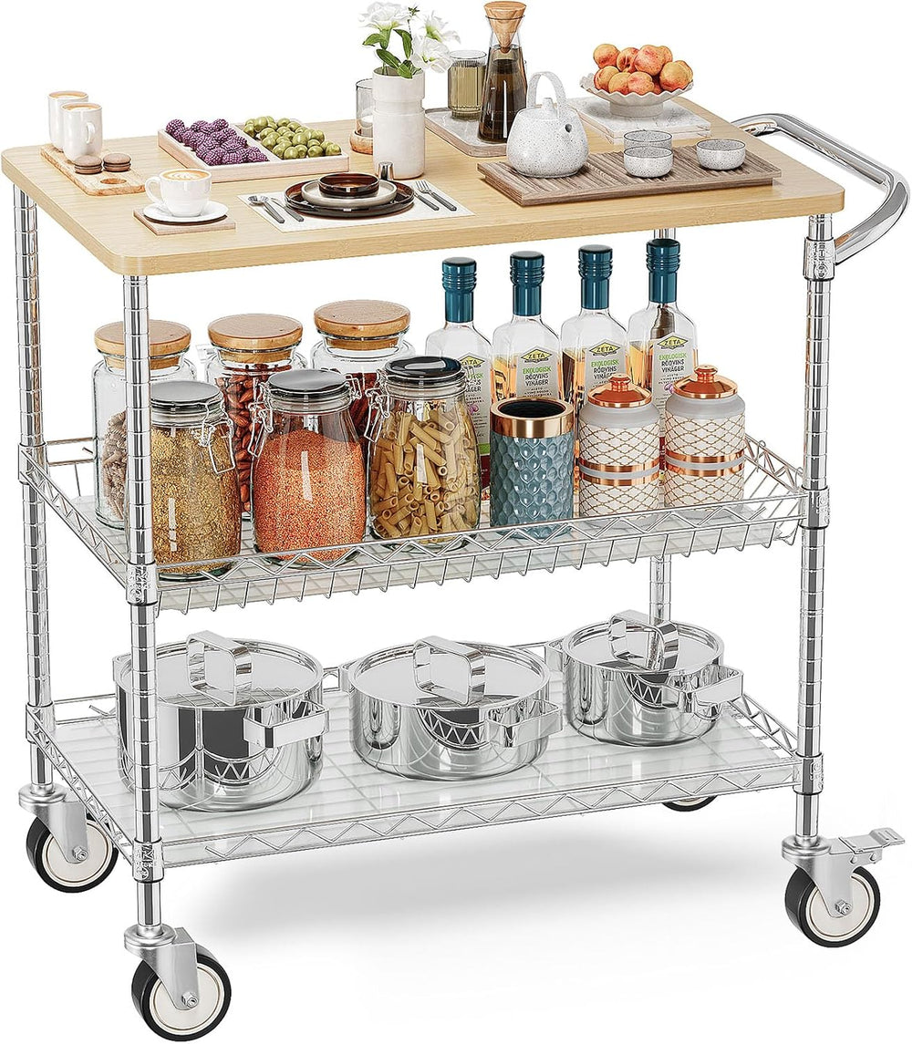 Rolling Kitchen Carts with Wheels, 3-Tier Utility Cart with Wood Tabletop
