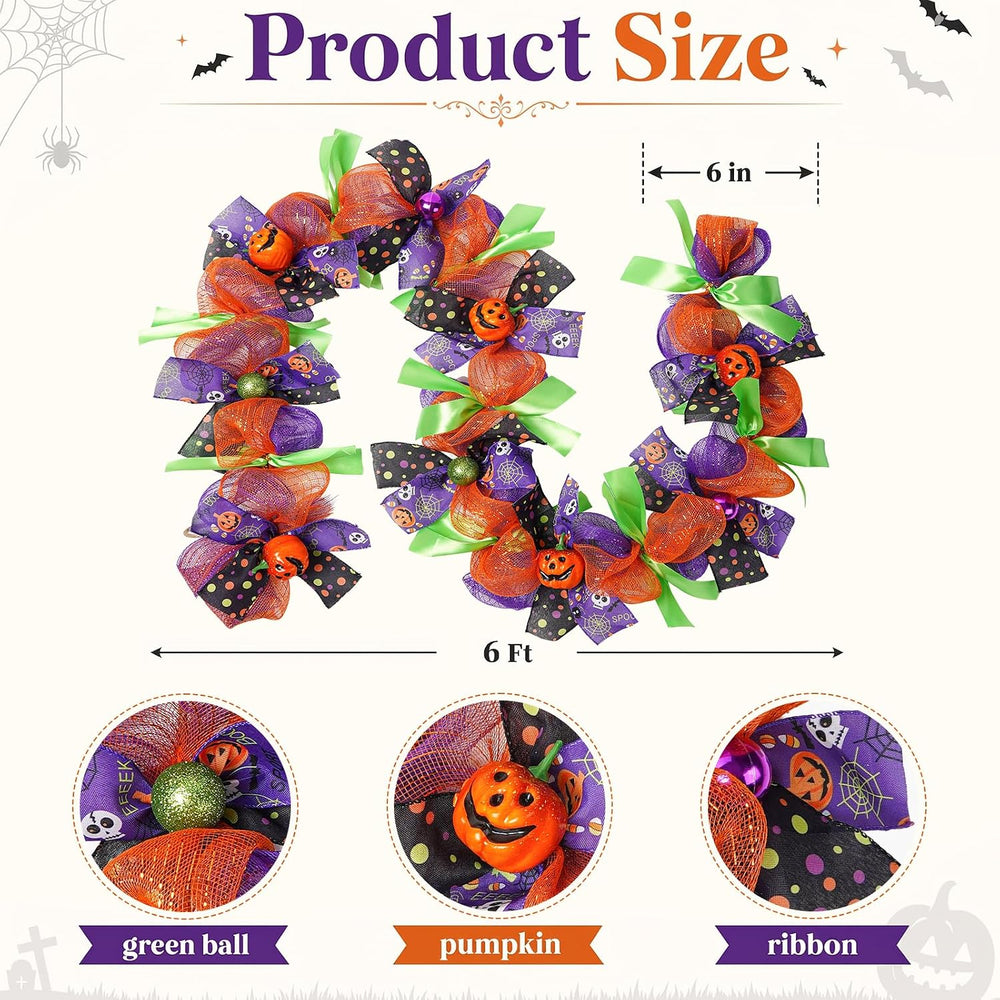 Halloween Garland for Mantle with Pumpkin Mesh Ribbons 6Ft