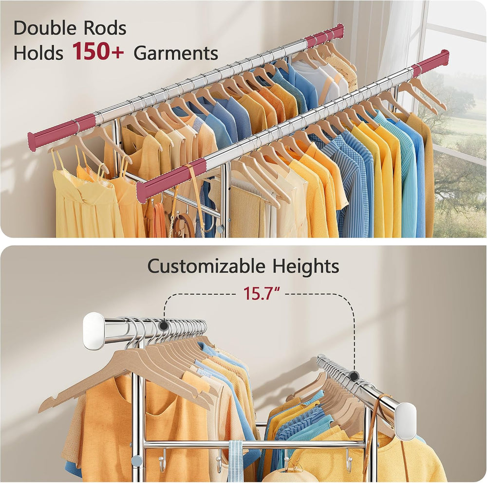 Tajsoon Clothes Rack Double Rod Clothing Rack with Wheels Load 450 LBS