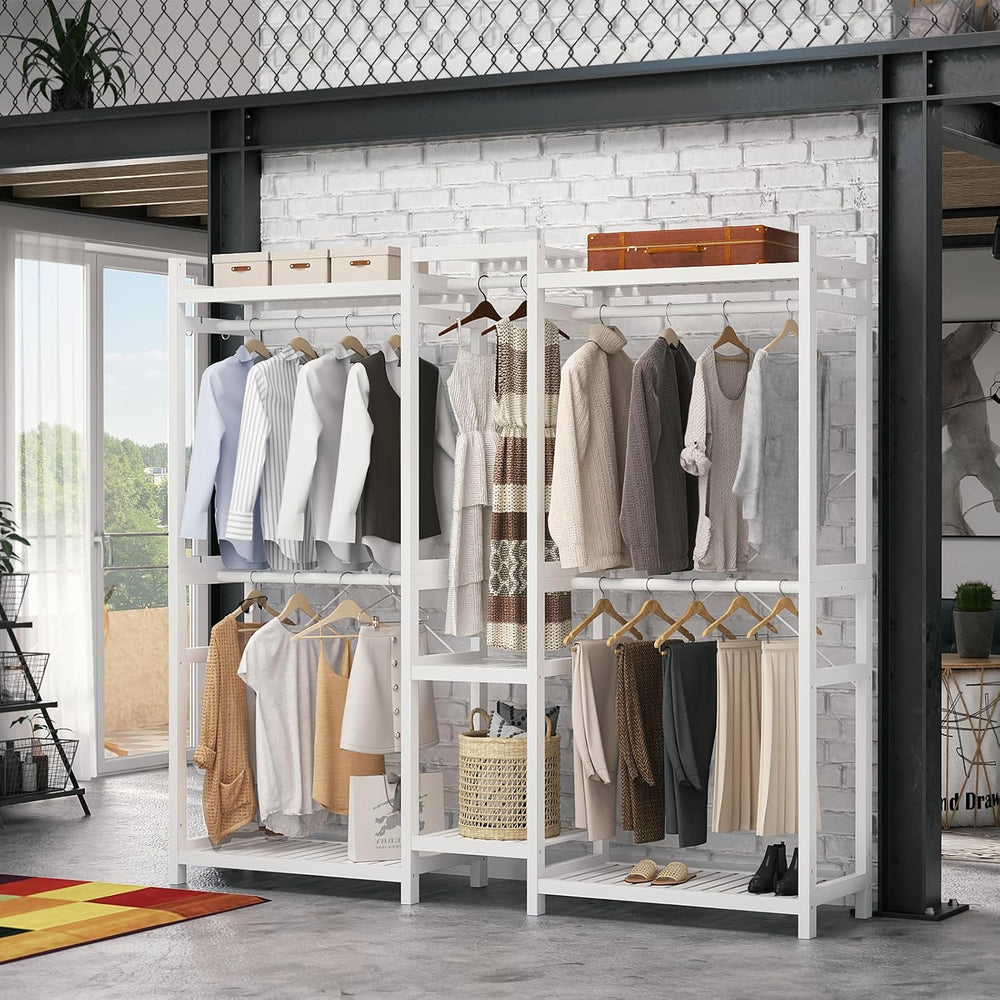 Homykic Bamboo Clothing Rack with 7 Shelves, 5 Hang Rods, 70” Wide, White