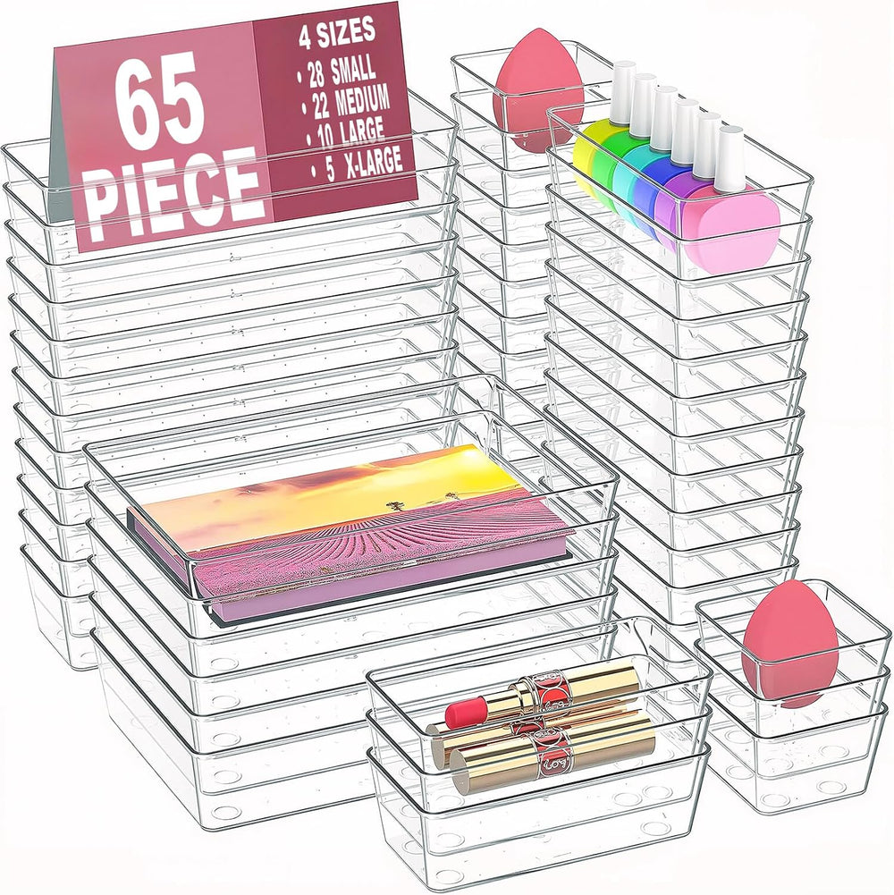 65 Pcs Clear Plastic Drawer Organizer, Makeup & Vanity Organizer