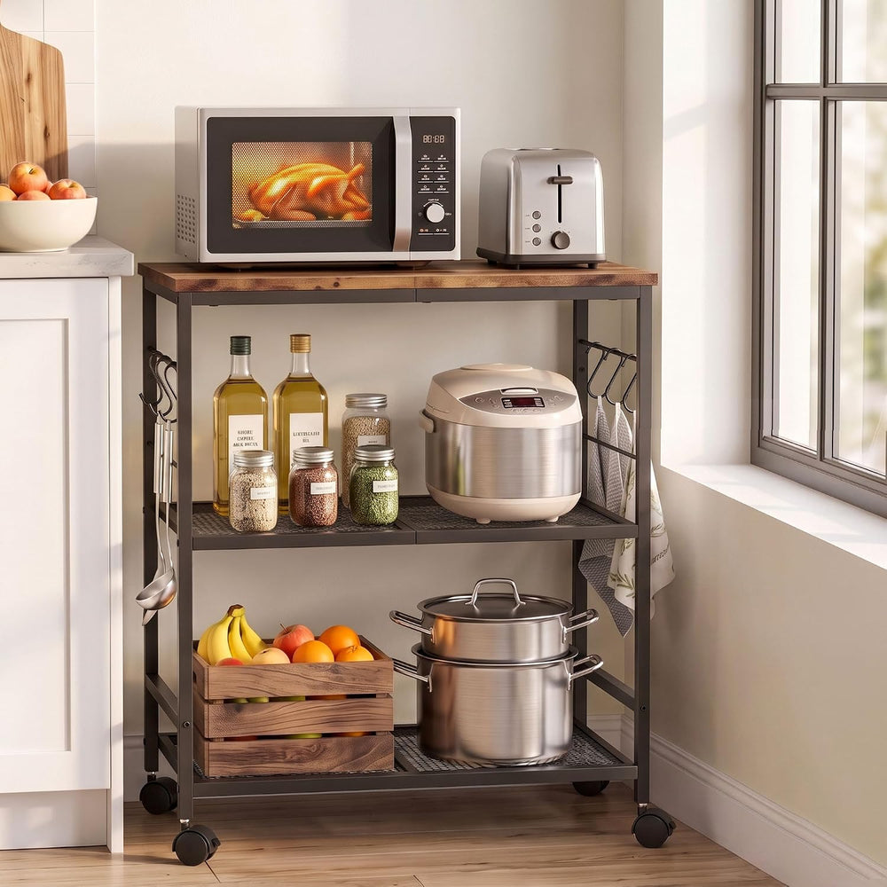 3-Tier Rolling Kitchen Microwave Cart with Storage, Mobile Kitchen Utility Ca...