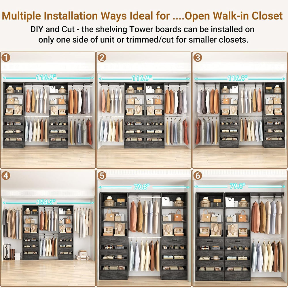 Aheaplus Closet System, Wood Closet Organizer System with 8 Drawers &4 Rods