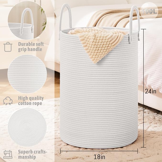 Laundry Basket, Woven Cotton Rope Laundry Hamper, 100L