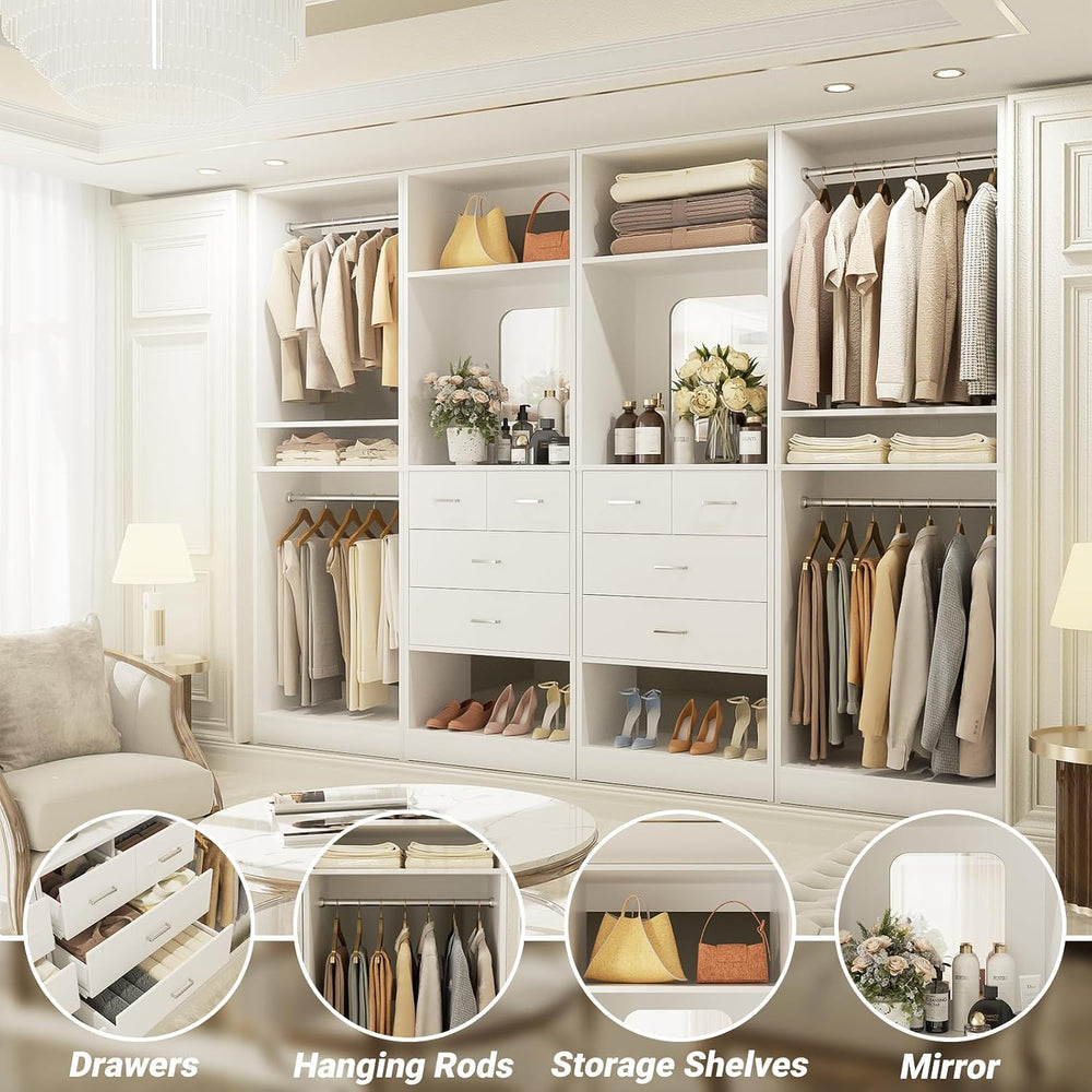 Unikito 100” Closet System with Drawers, 8.3FT Wood Closet Organizer with Han...