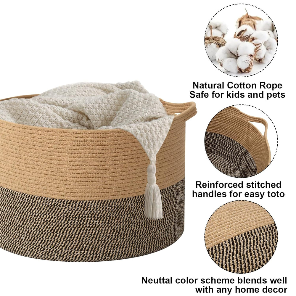 115L Extra Large Blanket Basket,Woven Laundry Basket-Jute&Black