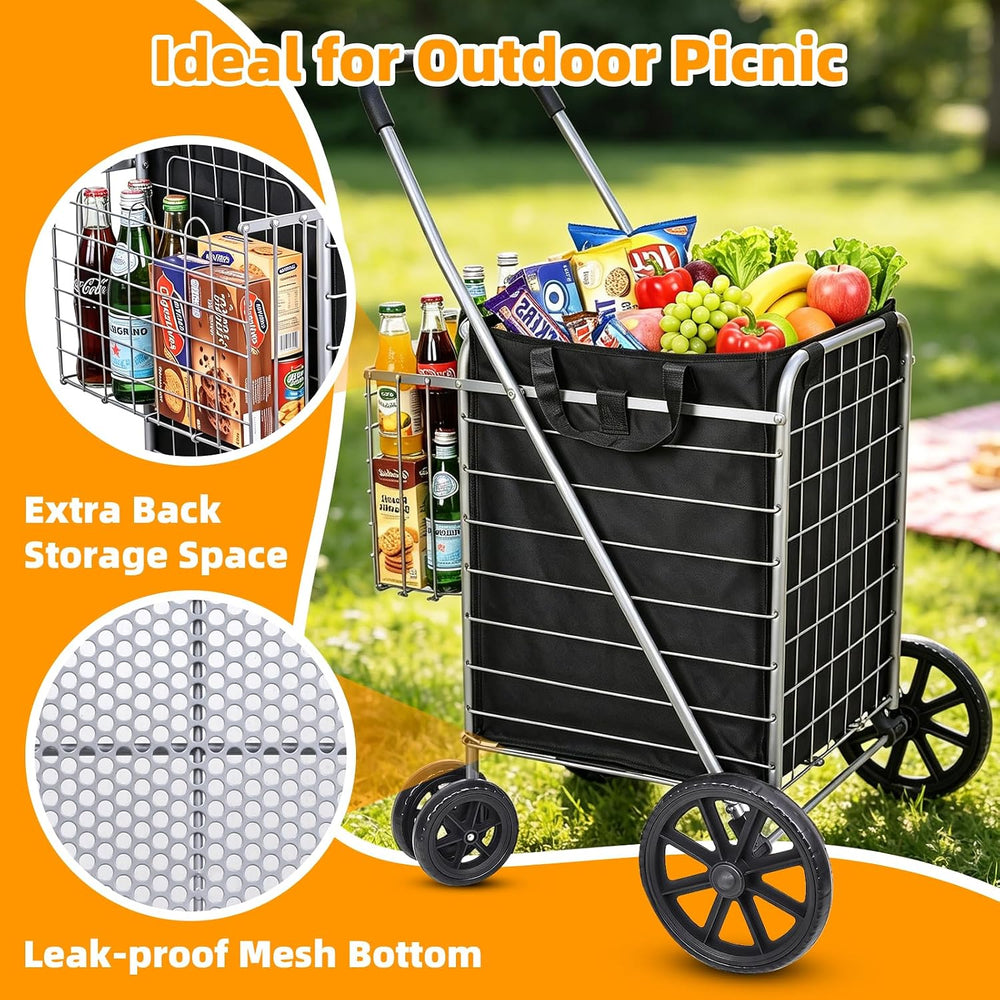 Folding Shopping Cart with Large Front Wheels, Grocery Cart with Waterproof L...