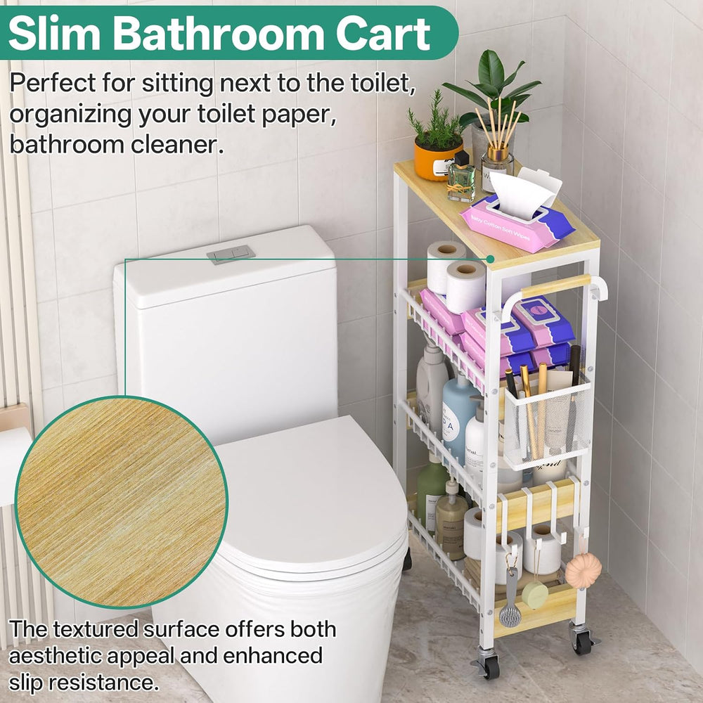 DTUQYX Slim Rolling Storage Cart, 4 Tier Small Organizer Cart with Wheels, Me...