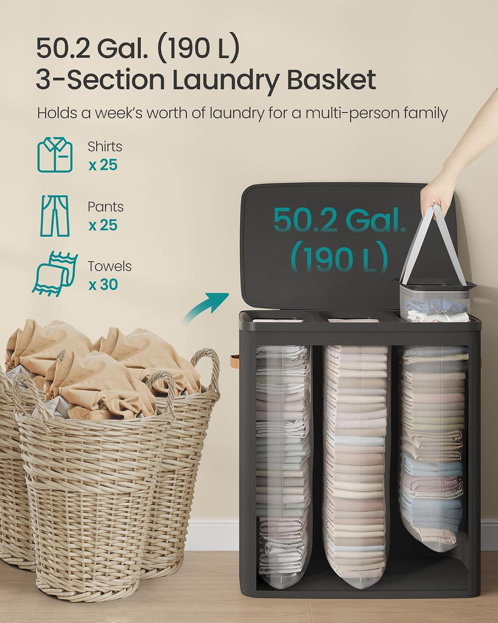 SONGMICS Laundry Basket, 190L Laundry Hamper with Lid, 3 Removable Bags