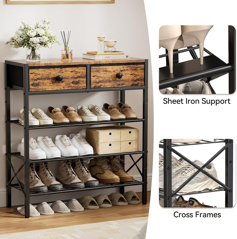 4 Tier Shoe Rack with 2 Drawers, 12-16 Pairs Rustic Brown
