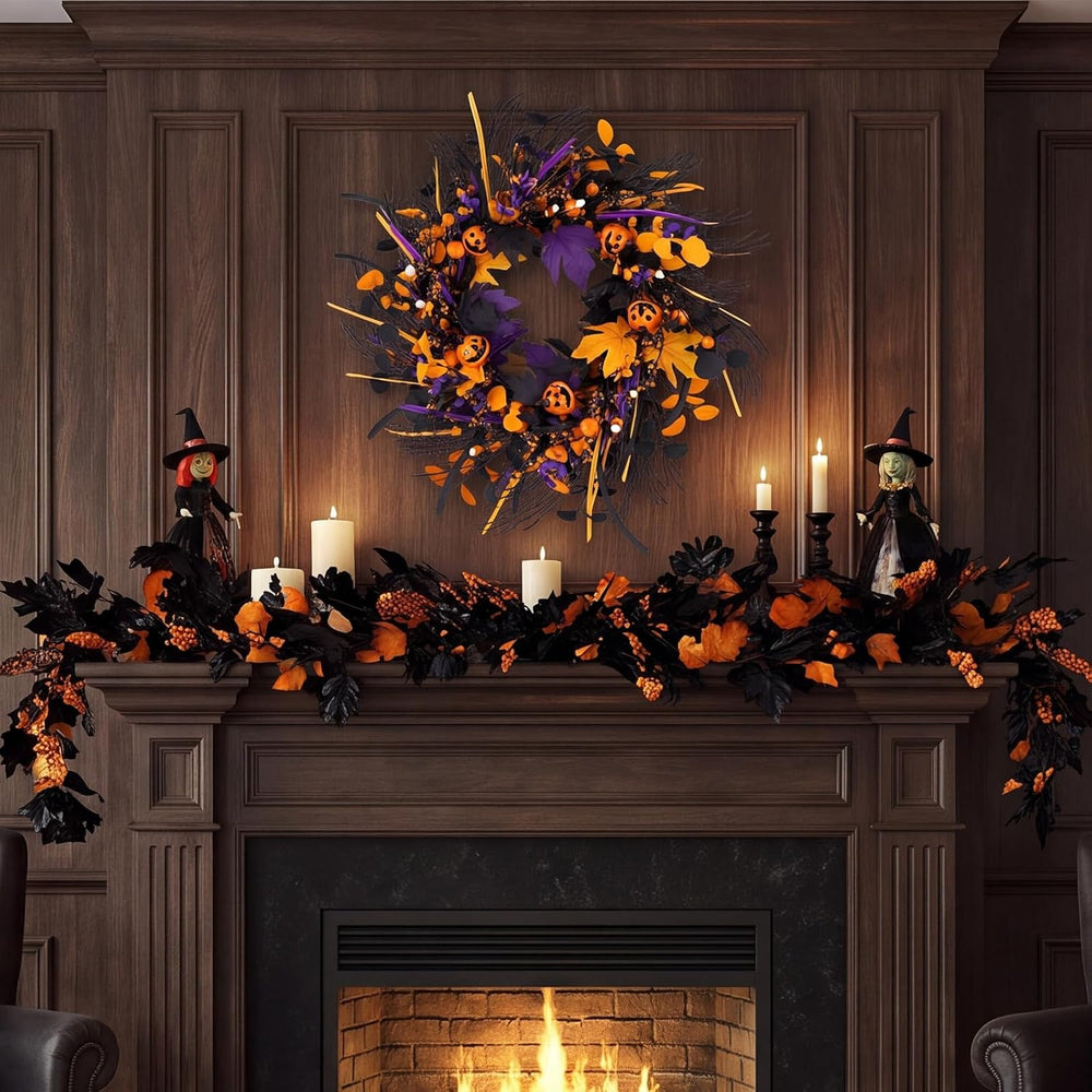 22" Halloween Wreath with 5 Jack-O'-Lantern Black Maple Leaves