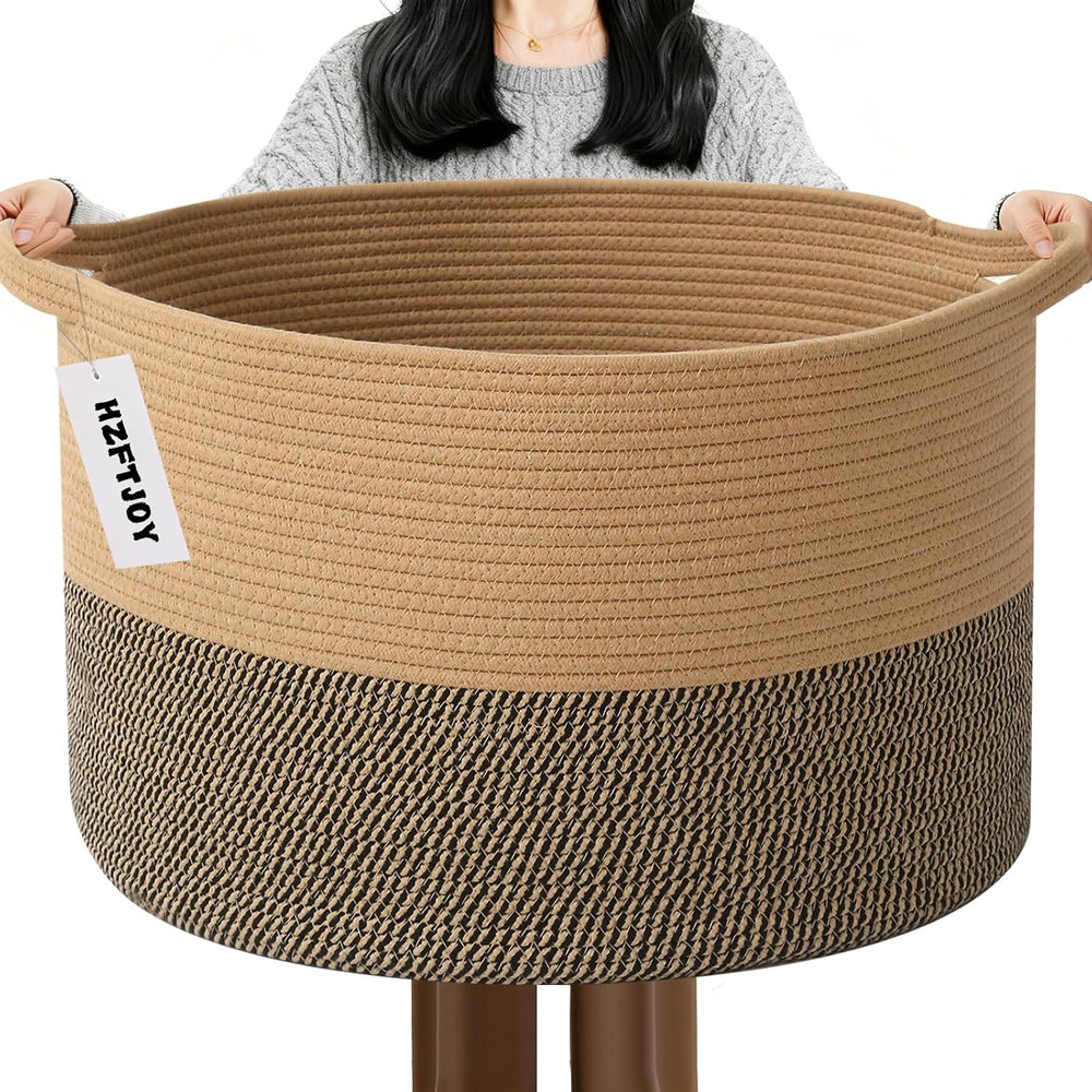 115L Extra Large Blanket Basket,Woven Laundry Basket-Jute&Black
