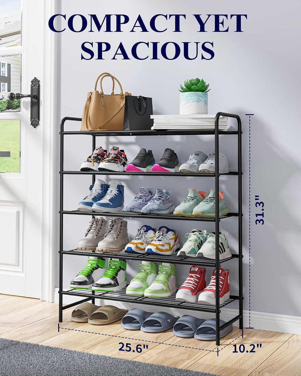 Kitsure Stainless Steel Shoe Rack Organizer, 25.6" Wide - 5 Tier, Black
