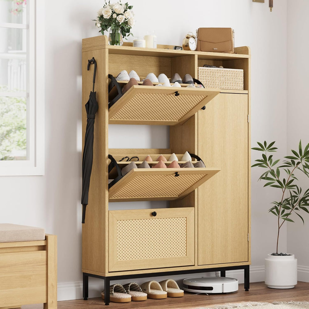 Rattan Shoe Cabinet with 3 Flip Drawers and Door for Entryway
