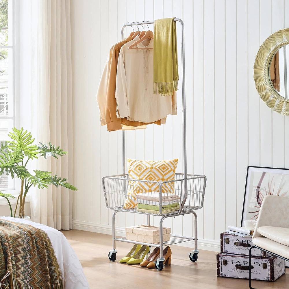 Tajsoon Rolling Laundry Cart with Hanging Rack & Laundry Basket, Silver
