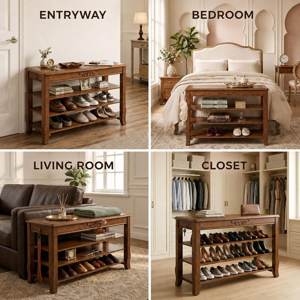 Shoe Rack Bench with Storage 3 Tier Solid Wood Entryway Shoe Rack 39.4"