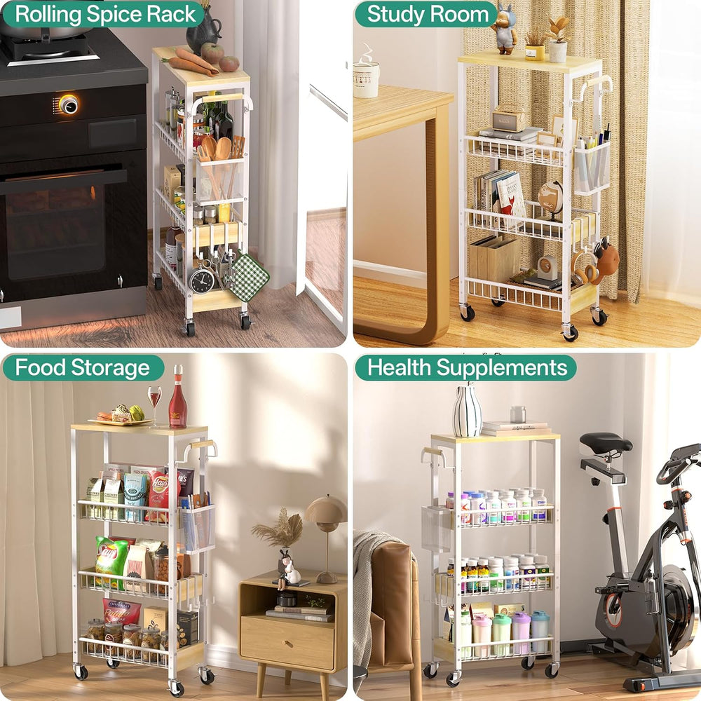 DTUQYX Slim Rolling Storage Cart, 4 Tier Small Organizer Cart with Wheels, Me...