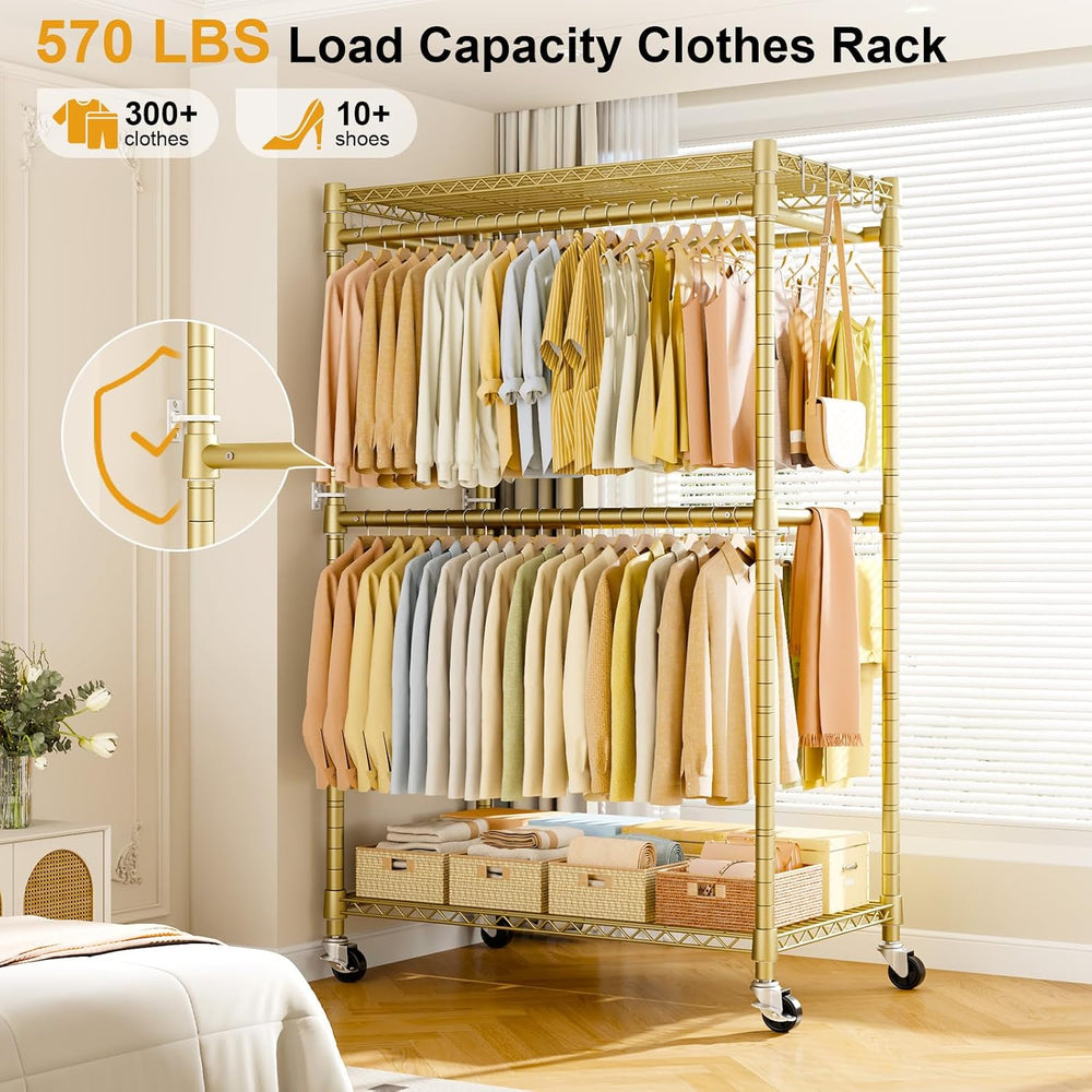 ULIFHOME Rolling Clothes Rack, Clothing Racks for Hanging Clothes, Gold