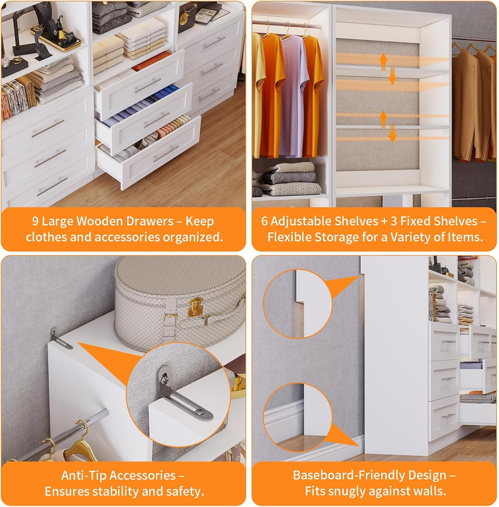 Closet System with 3 Sets, 6–15 FT Closet Organizer System with 9 Drawers, 9 ...
