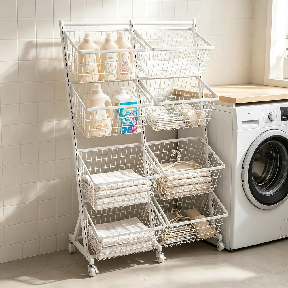 Rolling Store Snack Display Rack with Wheels, Mesh Storage Cart(White)