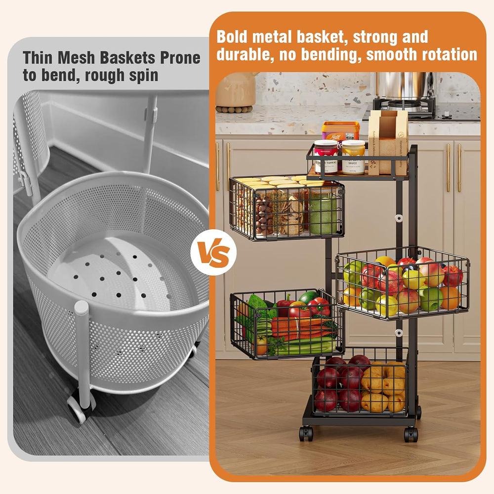 4-Tier Kitchen Storage Cart, Rotating Fruit Vegetable Storage Cart, Rolling K...