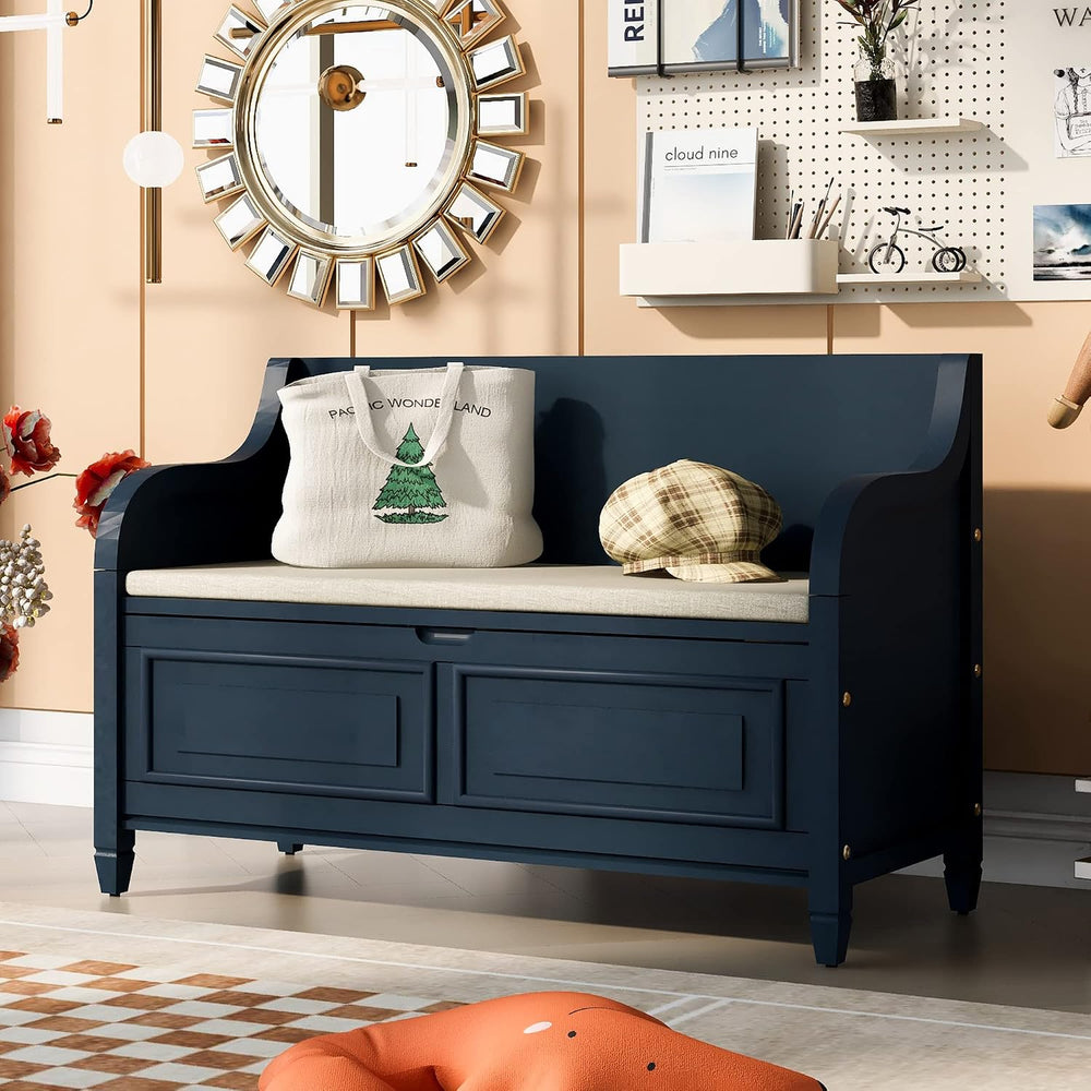 P PURLOVE 42 Inch Rustic Style Storage Bench,Antique Navy and Beige