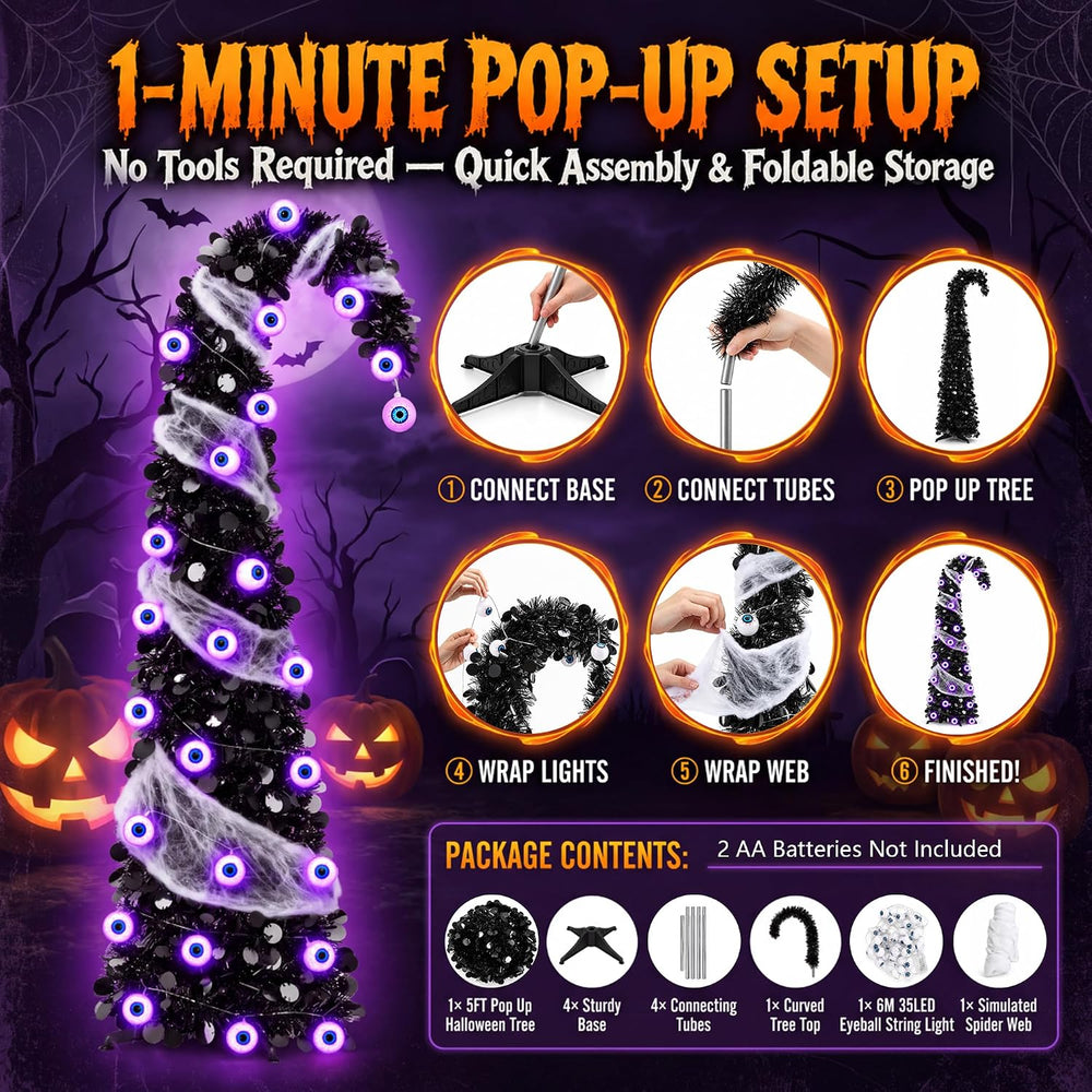 5FT Pop Up Halloween Tree with 35 Purple Eyeball Lights & Spider Web