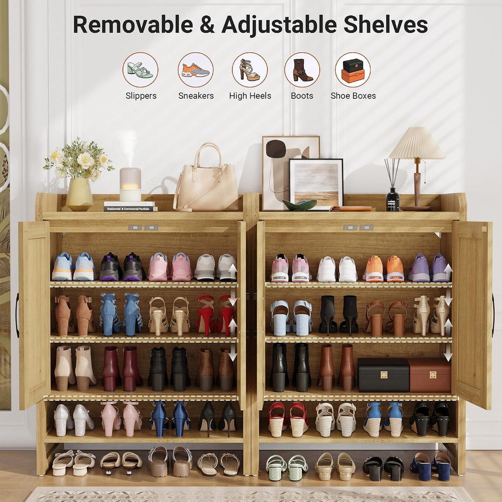 5-Tier Rattan Shoe Cabinet with Doors, 1.2" Thick Hidden Shoe Rack, Natural