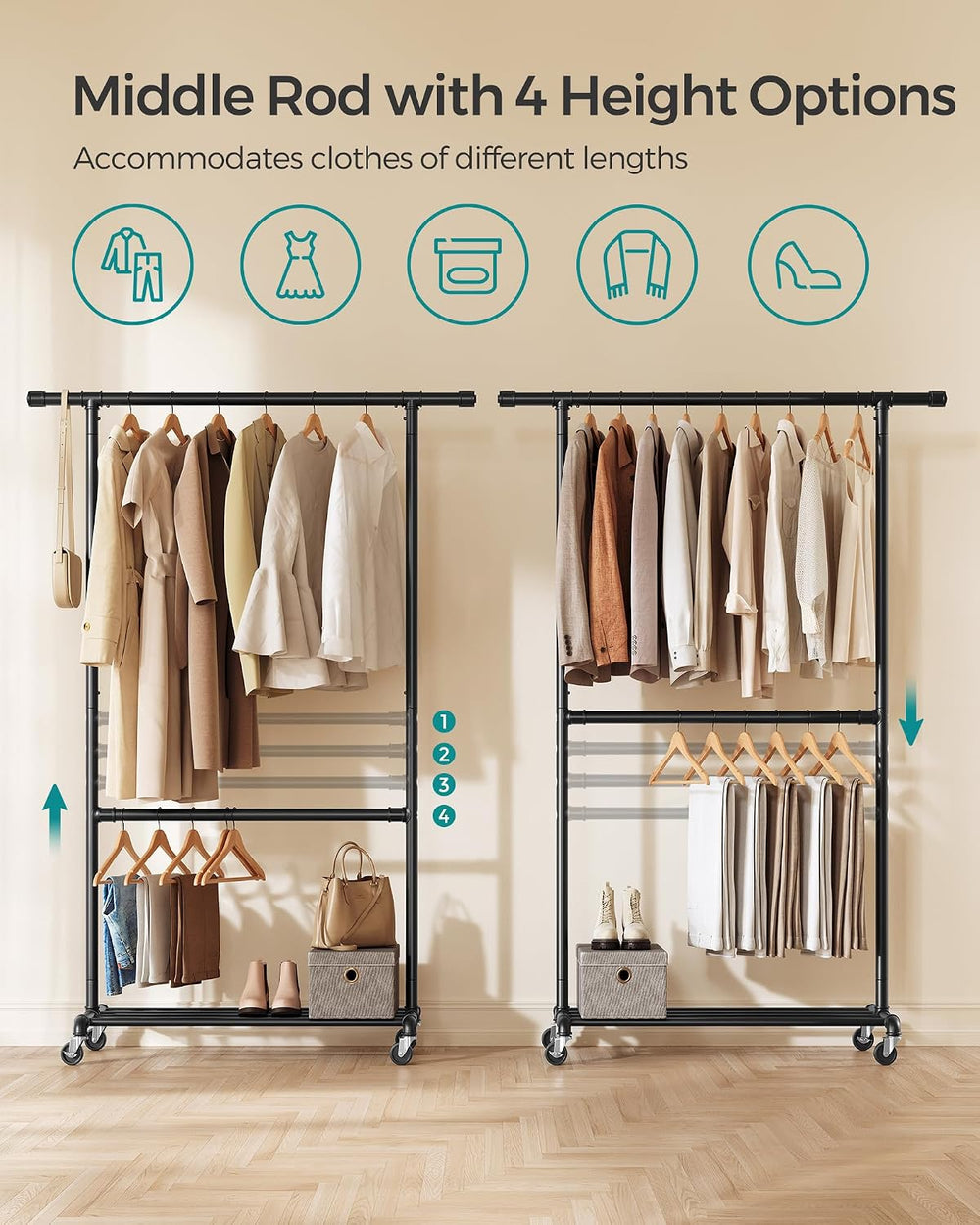 SONGMICS Heavy-Duty Clothes Rack, Double-Rod, Metal Frame on Wheels