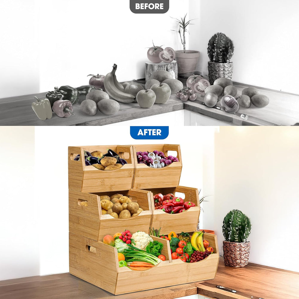 3-tier Stackable Bamboo Pantry Storage Bins, Potato & Onion Storage Baskets