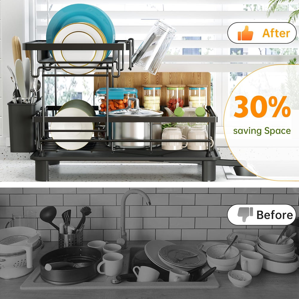 2 Tier Large Detachable Dish Drying Rack for Kitchen Counter,Black