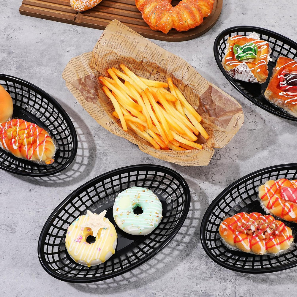 100 Pack Black Oval Fast Food Baskets, 8.85 x 5.5 Inch Reusable Plastic Servi...