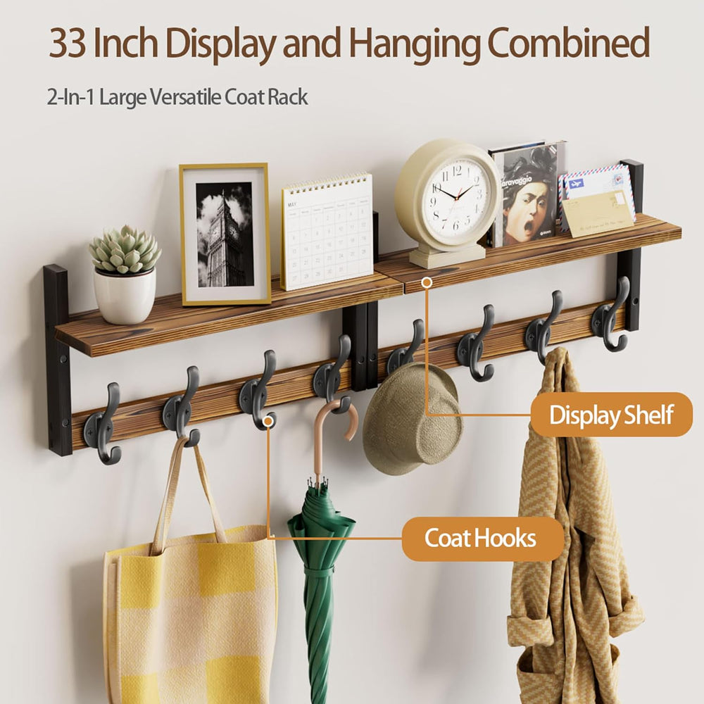 33 inch Coat Rack Wall Mount with Shelf, Entryway Wall Hooks with Shelf, Heav...
