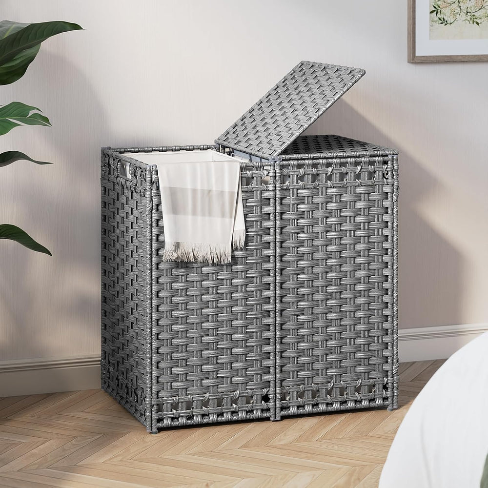 170L Foldable Laundry Hamper with Lid - Handwoven Rattan Storage Basket, 2-Se...