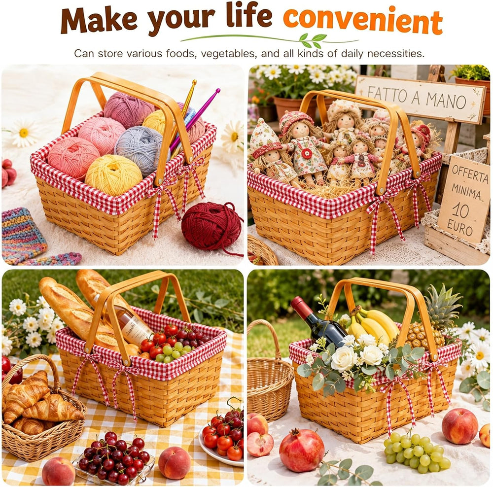 Yesland Picnic Basket, 2 Sizes Natural Woven Woodchip Basket with Double Fold...