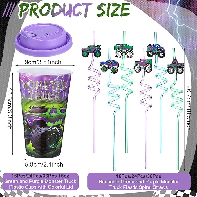 Yungyan 36 Sets Green Purple Monster Truck Party Favors Goodie Cups with Lids...