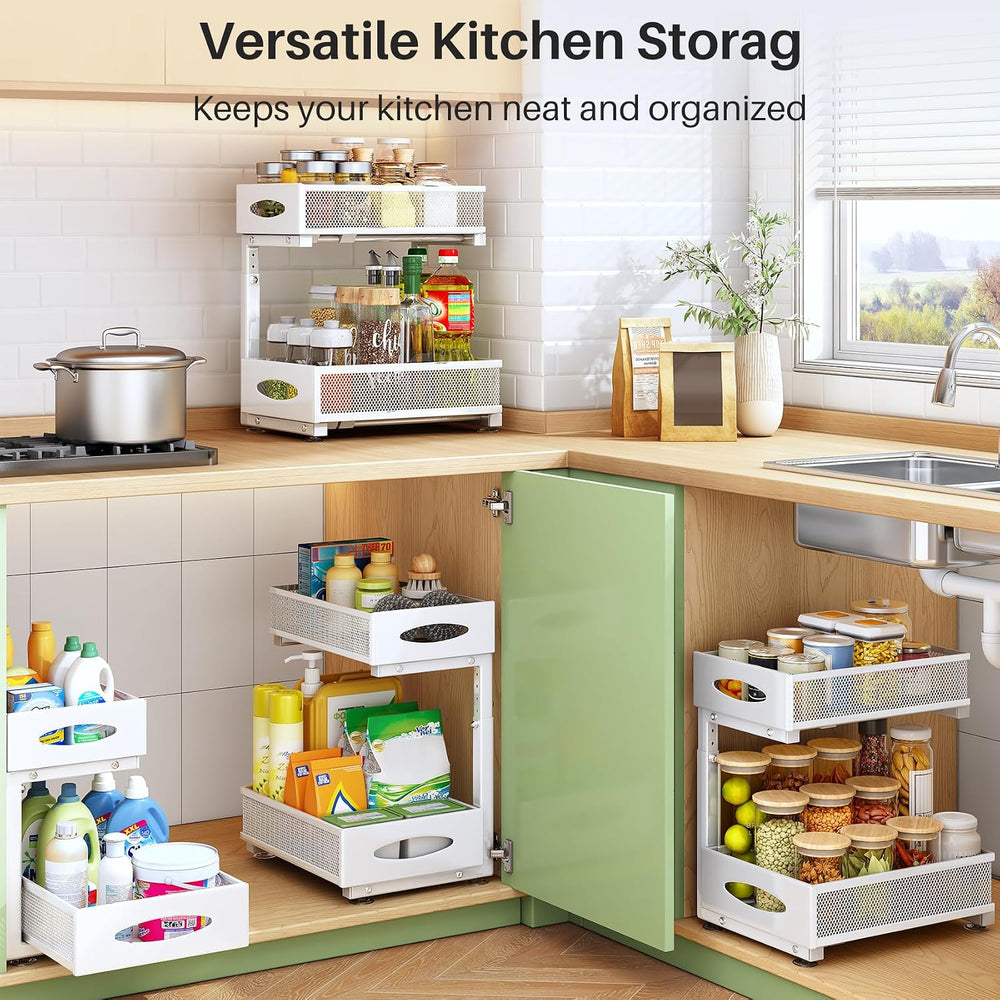 Under Sink Organizer, 2 Tier Pull out Cabinet Organizer Baskets with Mesh Sli...