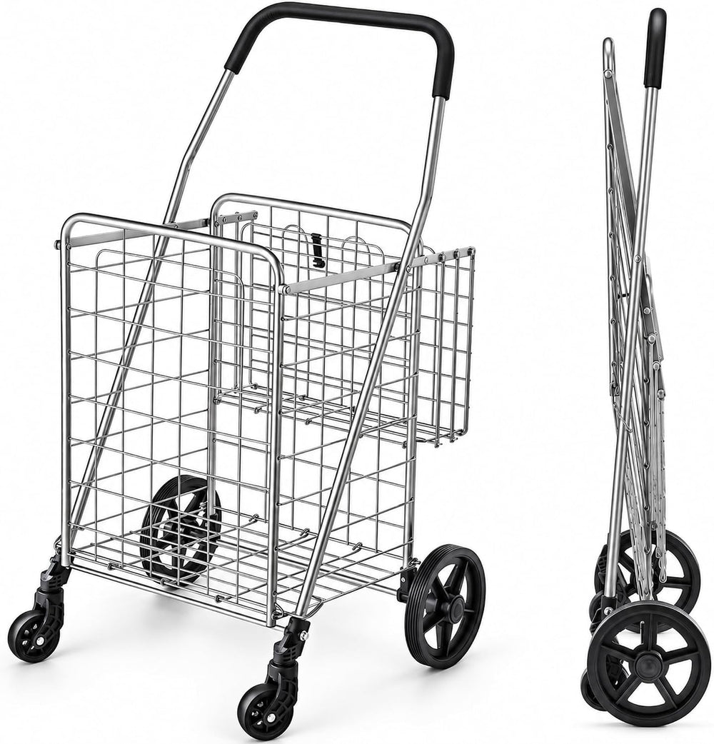 Wellmax Folding Shopping Cart for Seniors, Metal Grocery Cart, 66 lb Max
