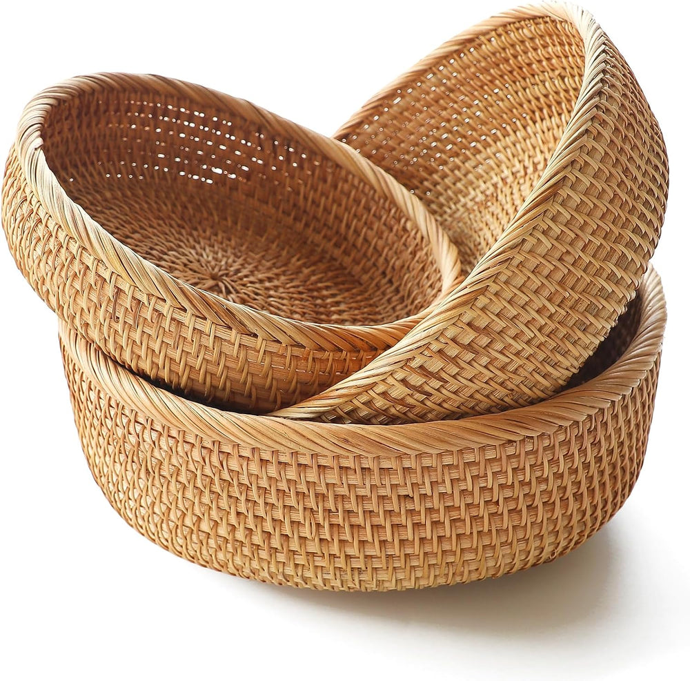 HITOMEN Handmade Rattan Bread Baskets Round Wicker Fruit Serving Storage Bowl...