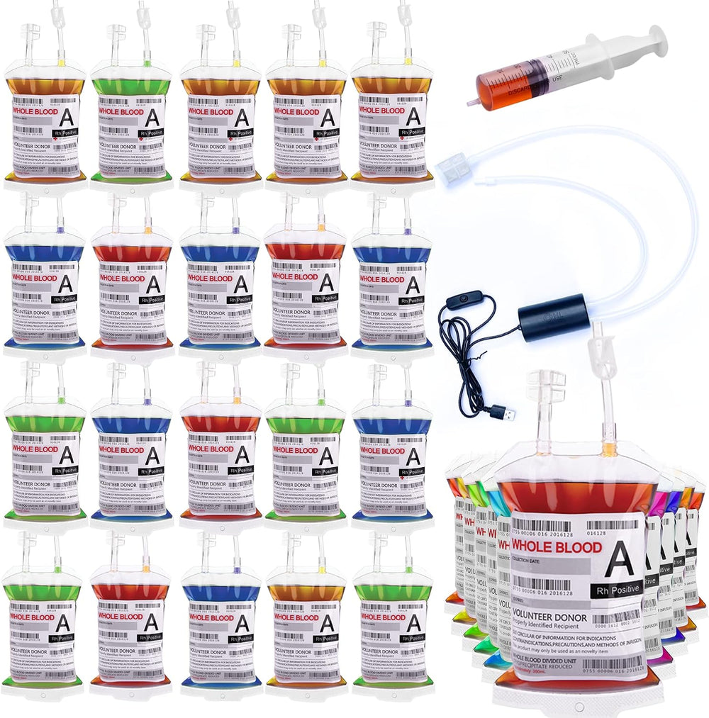 WYNK 50 Pack Blood Bags for Drinks, IV Bags with Pump, Halloween Party Set