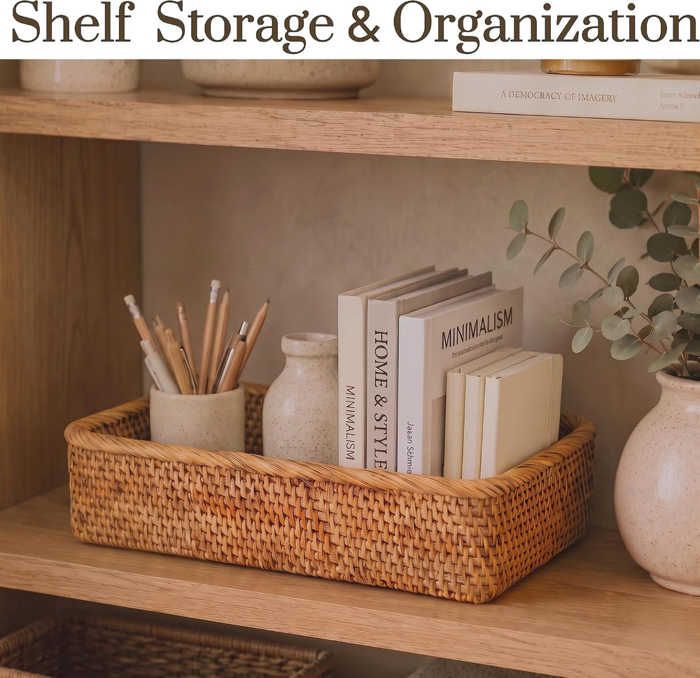 Yangqihome Natural Rattan Storage Baskets, Rectangular Woven Fruit Baskets, D...