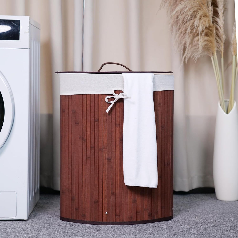 Bamboo Corner Laundry Hamper with Lid – 58L Large Collapsible Clothes Basket ...