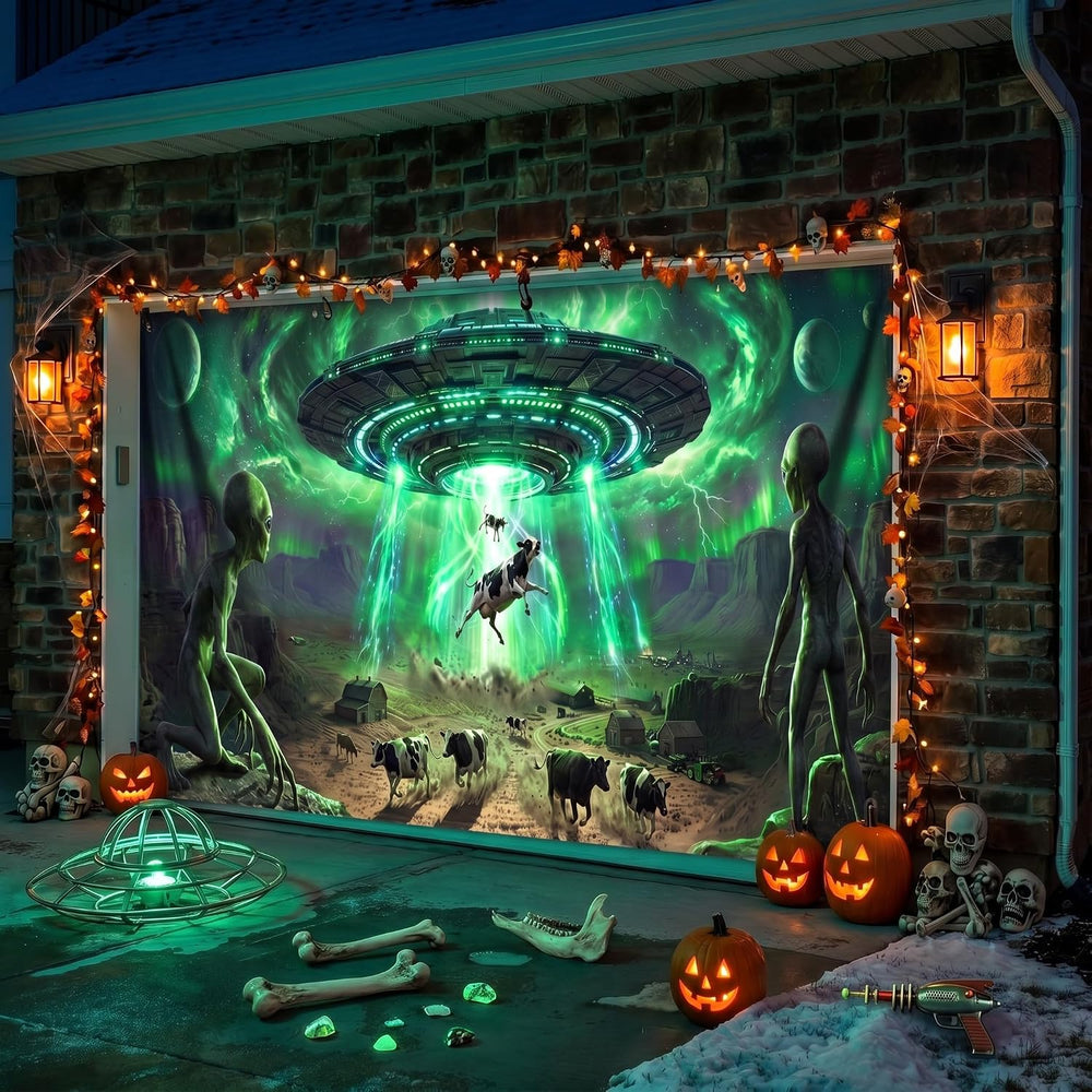 Preboun Alien Abduction Halloween Garage Door Decoration Ufo Cow, 7 x 16 ft