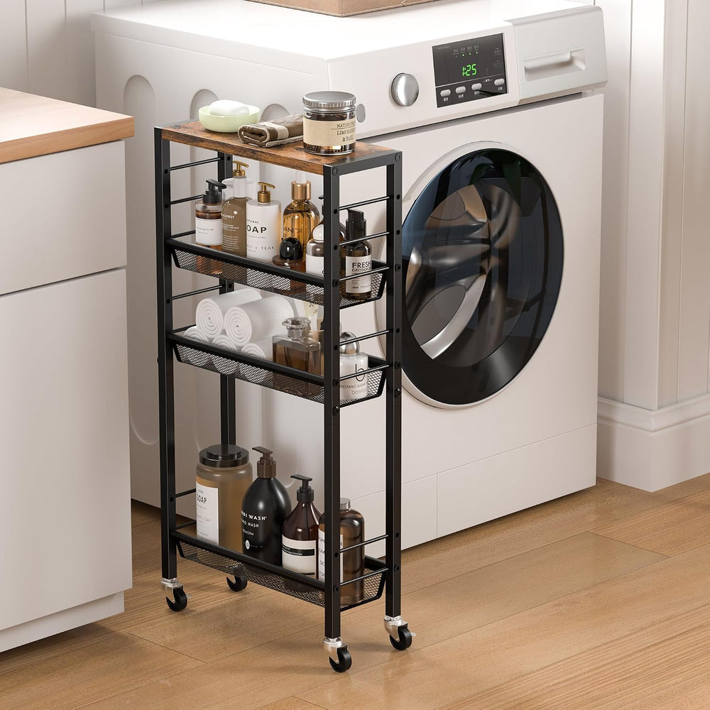 Slim Rolling Cart, 4-Tier Narrow Kitchen Storage Cart, Slim Utility Cart on W...