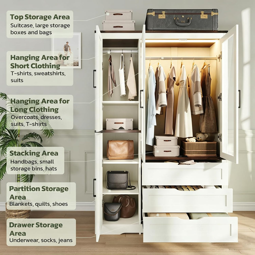 Concho 73'' Wood Farmhouse 4 Doors Armoire Wardrobe Closet with LED L...