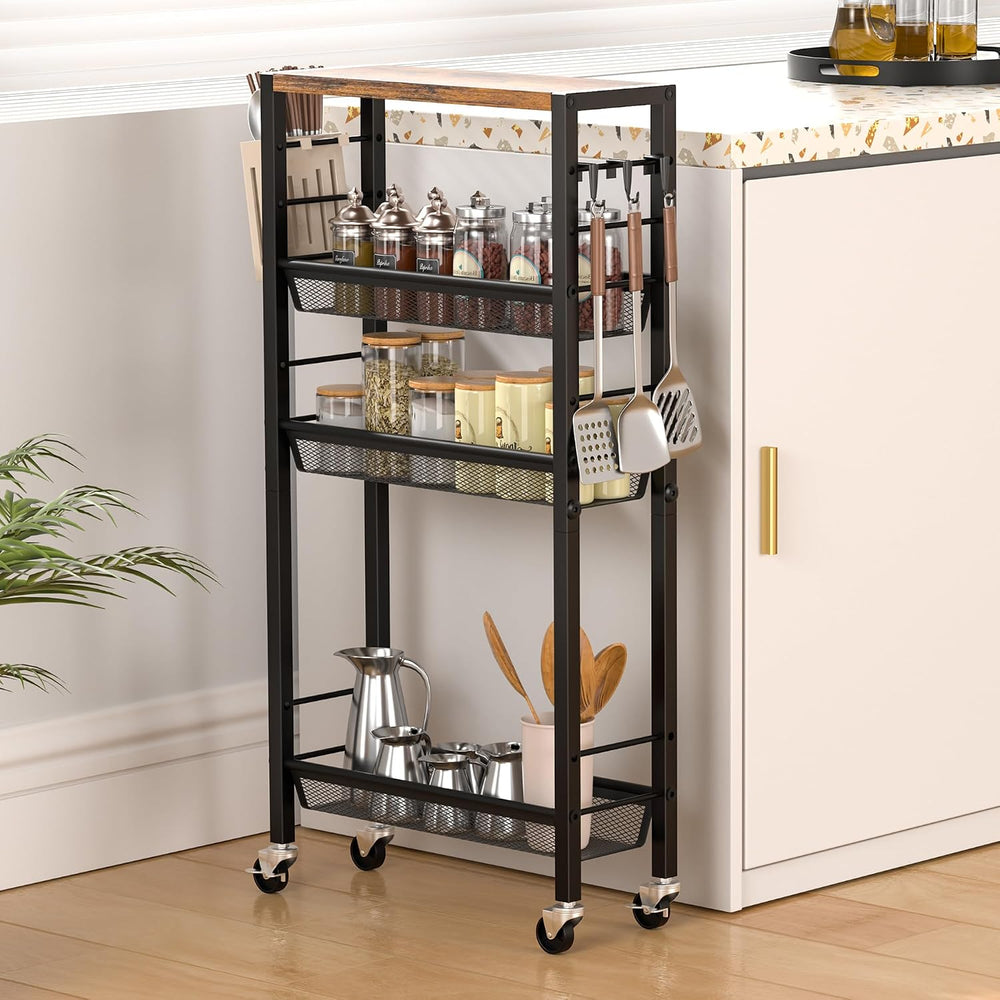 Slim Rolling Cart, 4-Tier Narrow Kitchen Storage Cart, Slim Utility Cart on W...